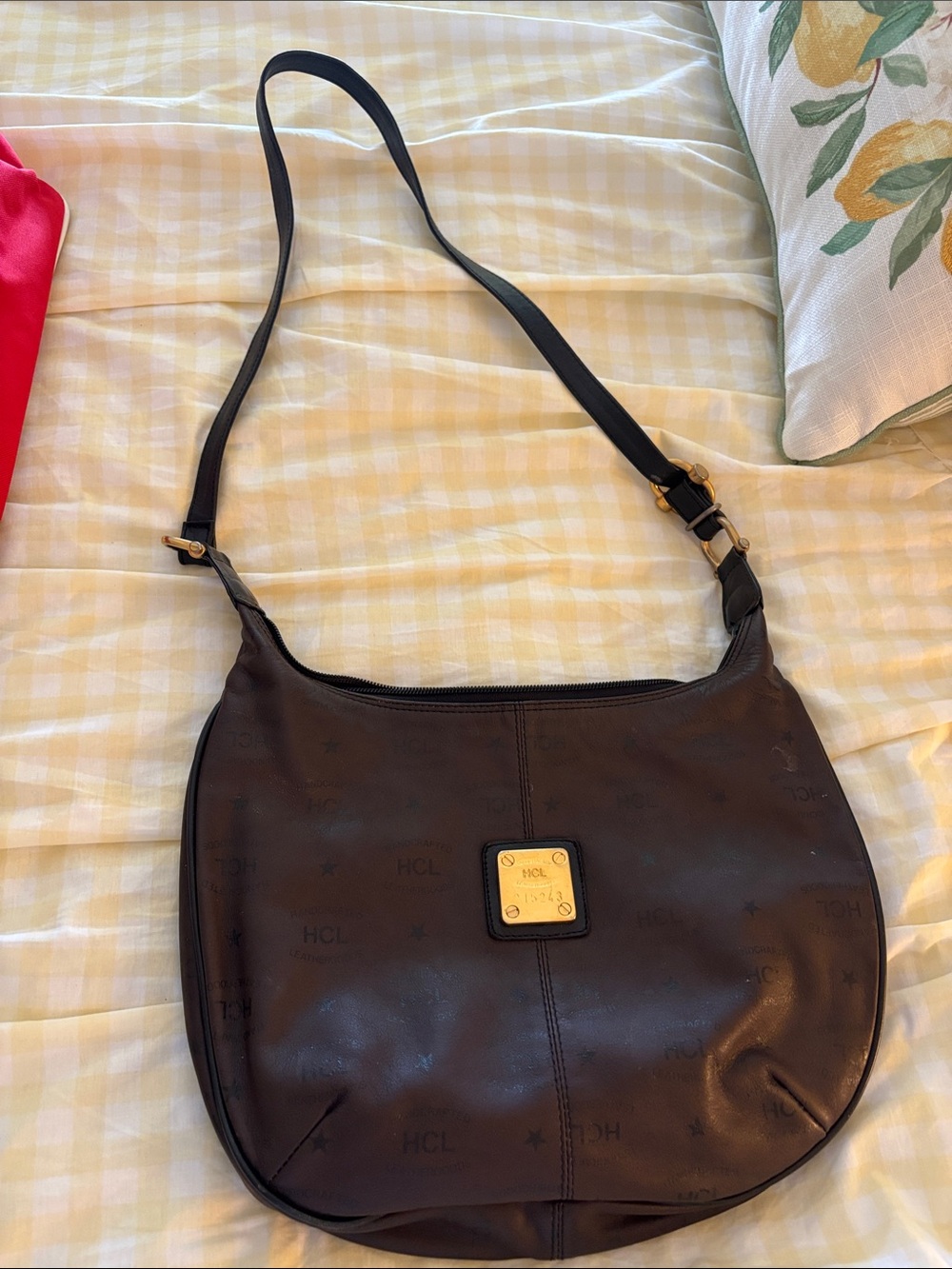 HCL Brown Leather Shoulder Bag with Gold Plaque